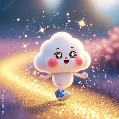 Whimsical Cloud Character on Sparkling Path - A Joyful Journey.