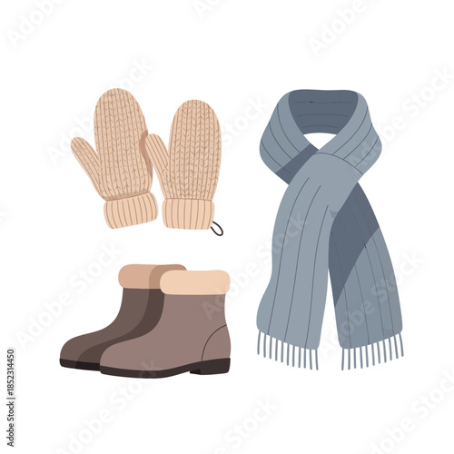 Cozy winter accessories including gloves scarf and boots for cold weather attire