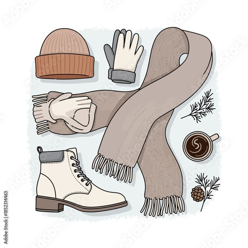 Cozy winter accessories including hat scarf gloves and boots for cold weather
