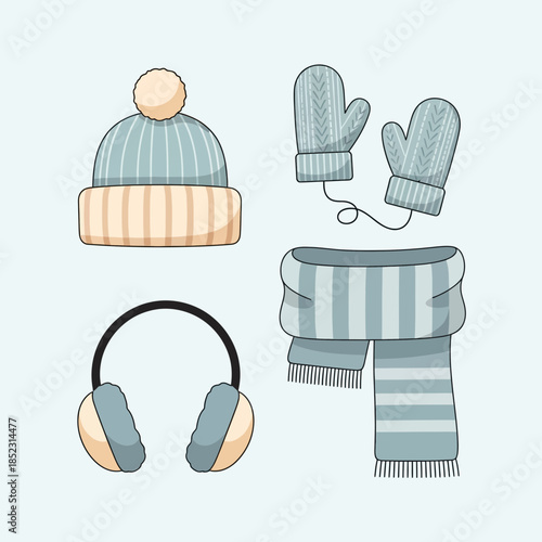 Cozy winter accessories set including hat gloves scarf and headphones for cold weather