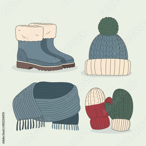 Cozy winter accessories set including boots hat scarf and mittens for cold weather wear