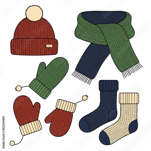 Cozy winter accessories set including hats scarves gloves and socks in warm colors suitable for