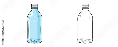 Empty plastic water bottle in cartoon and line art style using light blue and white colors representing recyclable container for liquid storage and plastic waste