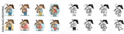 Children hugging bunny characters with transparent background