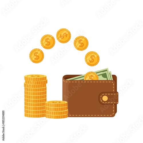 Seamless Financial Flow Digital Money Transaction or Savings Concept with Gold Coins and a Leather Wallet Holding Cash