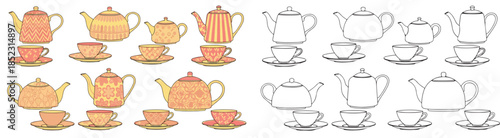 Tea set collection with cups and teapots