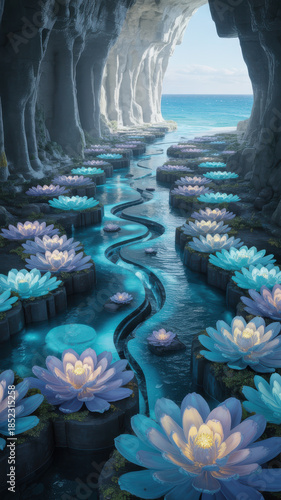 Flowing water path with glowing lotus flowers leading to ocean representing serenity meditation nature magic and surreal environment