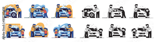 Family washing car together outdoors