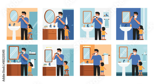 Father shaving with child in bathroom morning routine