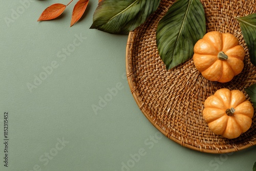 Autumnal Still Life with Two Small Pumpkins on Wicker Tray Framed by Green Leaves and Orange Foliage on Olive Background