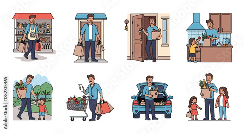 Man shopping groceries with family and delivery scenarios