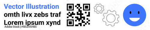 Technology, digital systems, automation, communication, data processing, QR codes. QR code alongside gears, text and a happy face icon. Technology and digital systems concept