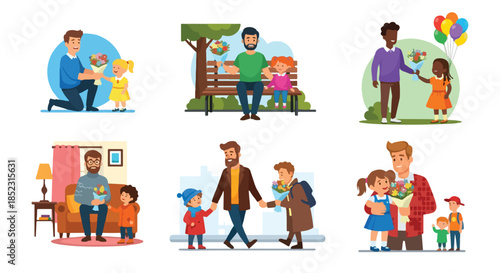 Fathers and children bonding moments in various settings