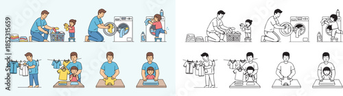 Father and child doing laundry chores at home