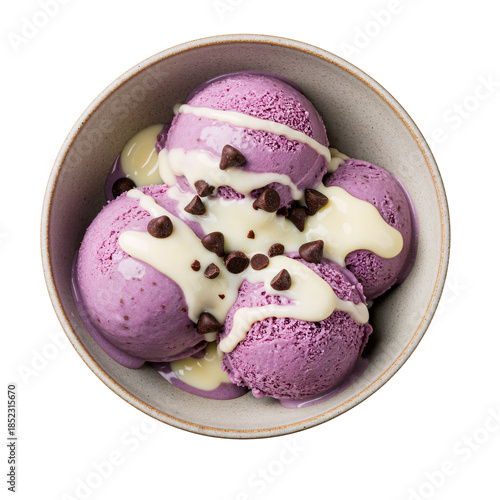 Purple Ice Cream, Grape ice cream, with Condensed Milk, white chocolate, and Chocolate Chips, Top View, Isolated