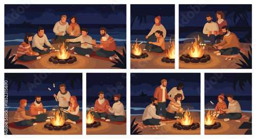 Friends gathering around campfire at night beach