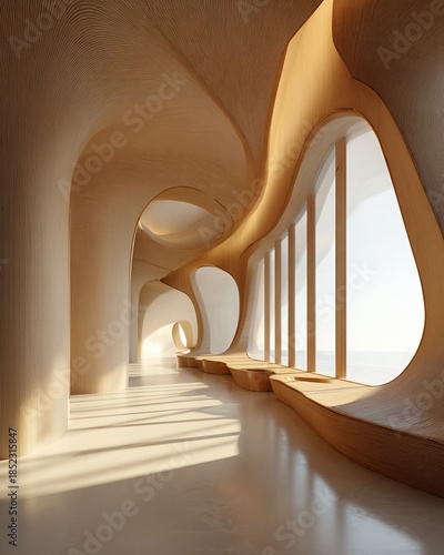 Biomorphic Wooden Architecture Interior with Sweeping Curves and Sunlight in Abstract Hallway