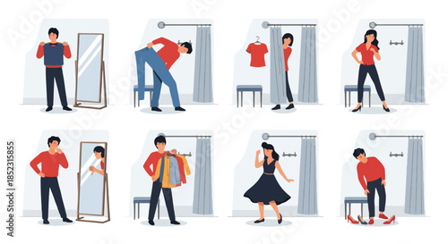 People trying on clothes in fitting rooms