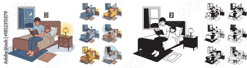 Father reading bedtime story to child in bedroom