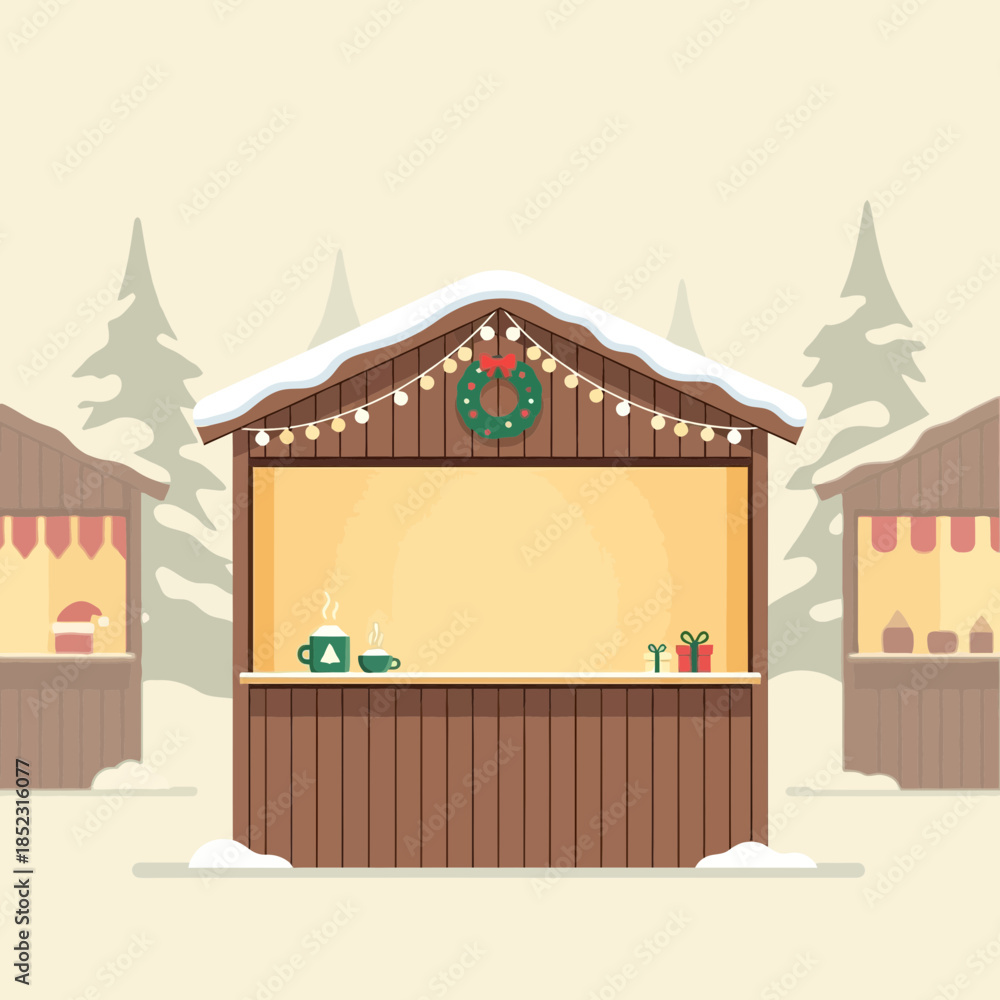 Obraz premium Festive Christmas Market Stall Decorated with Wreath and Items for Sale in Winter Setting