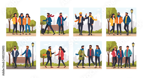 People walking and socializing in autumn park scenes