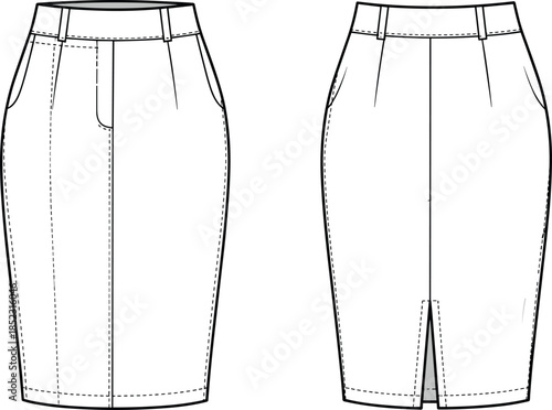 Technical Fashion Illustration of a High Waisted Pencil Skirt Featuring Side Pockets Front Fly Stitching and a Back Vent Detail