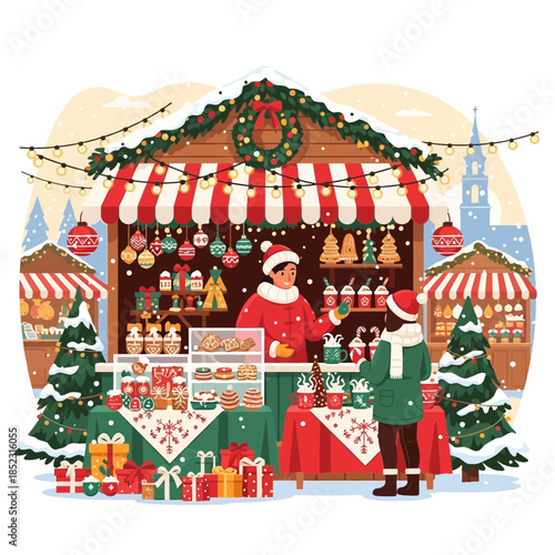 festive christmas market stall decorated with holiday ornaments and surrounded by gifts