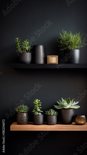 Black Wall Shelves Displaying Various Potted Green Plants with a Dark Moody Interior Decor Style and Ambient Lighting