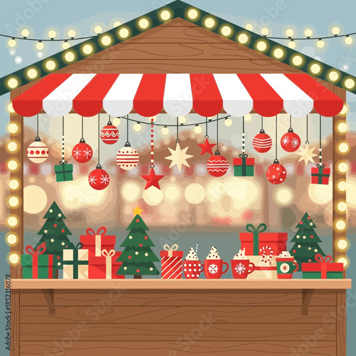 Festive Christmas Market Stall Decorated with Toys and Gifts for Holiday Celebrations
