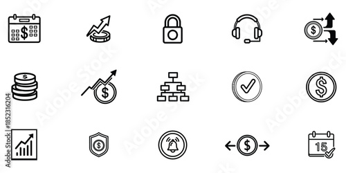 Collection of 12 black and white business finance icons