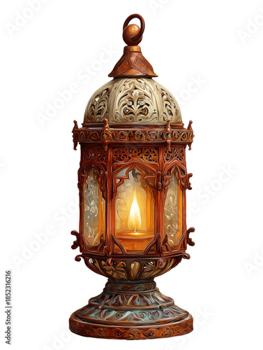 Ornate lantern glows with a warm light on a decorative stand
