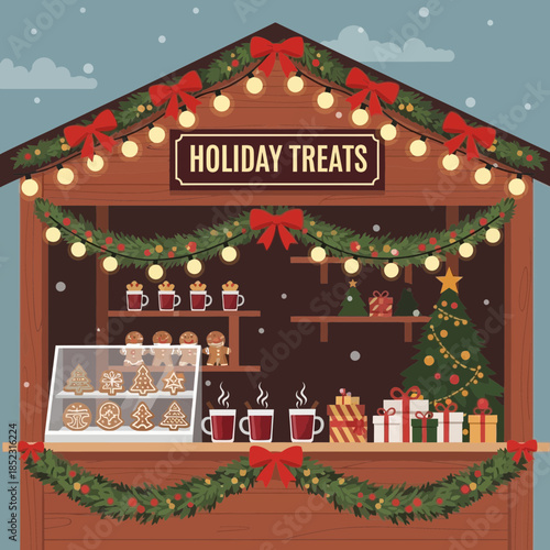 Festive holiday treats stall decorated with Christmas garlands and lights at winter market