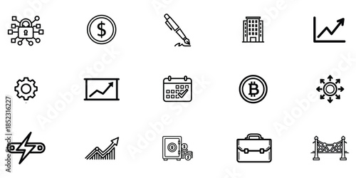 Collection of 14 black and white business related icons and symbols
