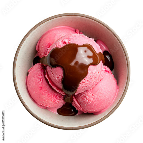 Pink Ice Cream with Chocolate Syrup, Top View, Isolated
