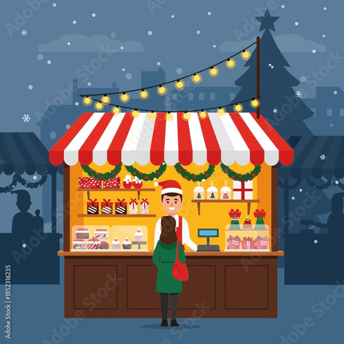 festive outdoor christmas market stall with holiday treats and decorations during winter night