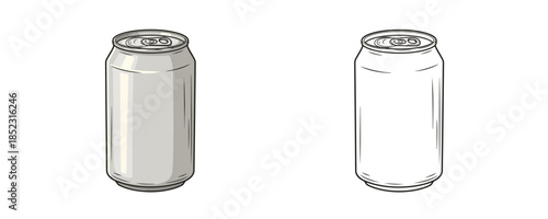 Empty aluminum beverage can in cartoon and line art style using silver and white colors representing recyclable metal container for soda or beer and metallic waste