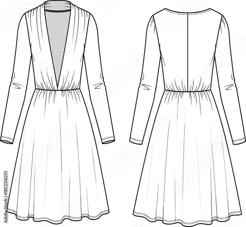 Technical Fashion Illustration of a Long Sleeve Deep V Neck Midi Dress Featuring a Gathered Elastic Waistband and A Line Skirt