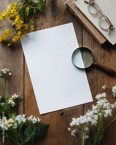 Blank White Paper on Rustic Wood Table with Flowers Magnifying Glass and Books
