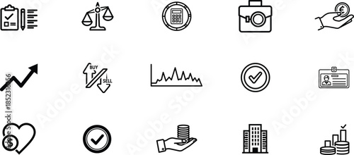 Collection of 14 black and white business and finance icons on white background