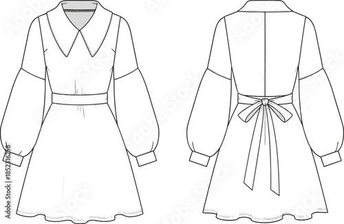 Technical Fashion Illustration of a Long Sleeve Mini Dress Featuring Oversized Pointed Collar Bishop Sleeves and a Back Tie Waistband