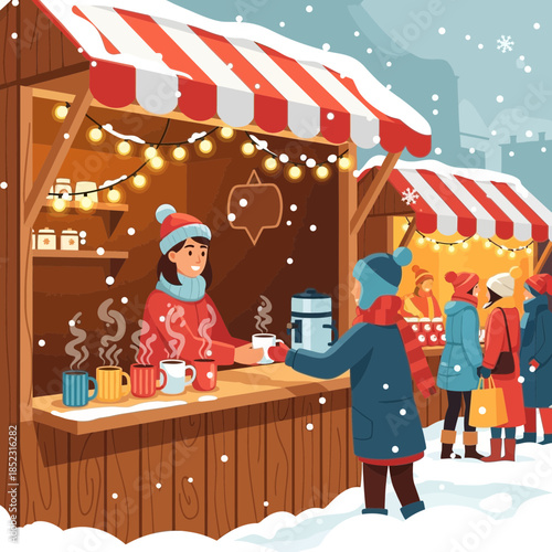 Festive winter outdoor market with hot drinks and holiday atmosphere scene