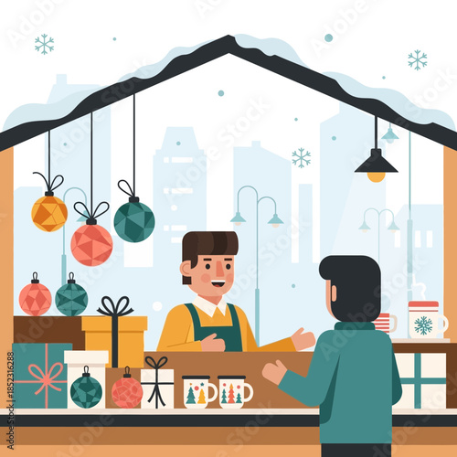 Warm winter cafe scene with a barista serving a customer during the holiday season in a cozy city