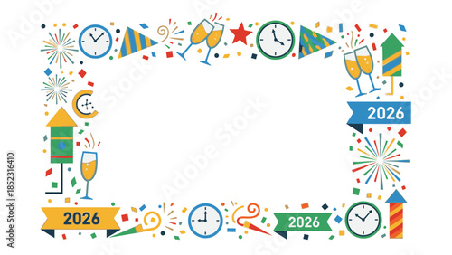 Colorful frame design celebrating Frame New Year 2026 with festive decorations and party elements on a white background.