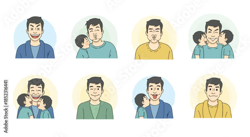Father and child playful faces expressions set