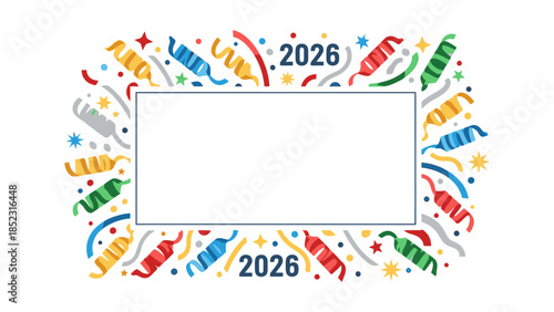Colorful Frame New Year 2026 graphic with confetti and fireworks on a white background for festive celebrations.