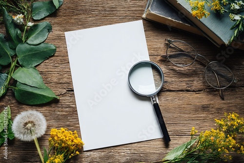 Blank White Paper Surrounded by Wildflowers and Books on Weathered Wooden Table Flatlay