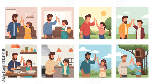 Father and child bonding moments in various settings