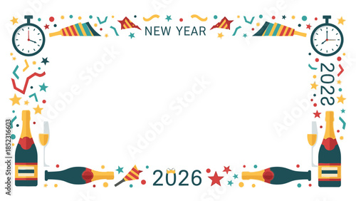 Colorful New Year 2026 frame with champagne bottles, confetti, and party horns on a white background, featuring clock faces and festive decorations.