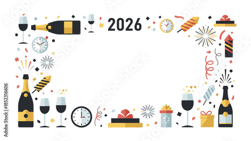 A festive flat lay frame featuring champagne bottles, glasses, party hats, and fireworks on a white background, celebrating Frame New Year 2026 with a joyful and celebratory mood.