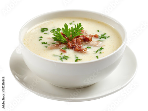Creamy soup garnished with parsley and bacon in white bowl on saucer